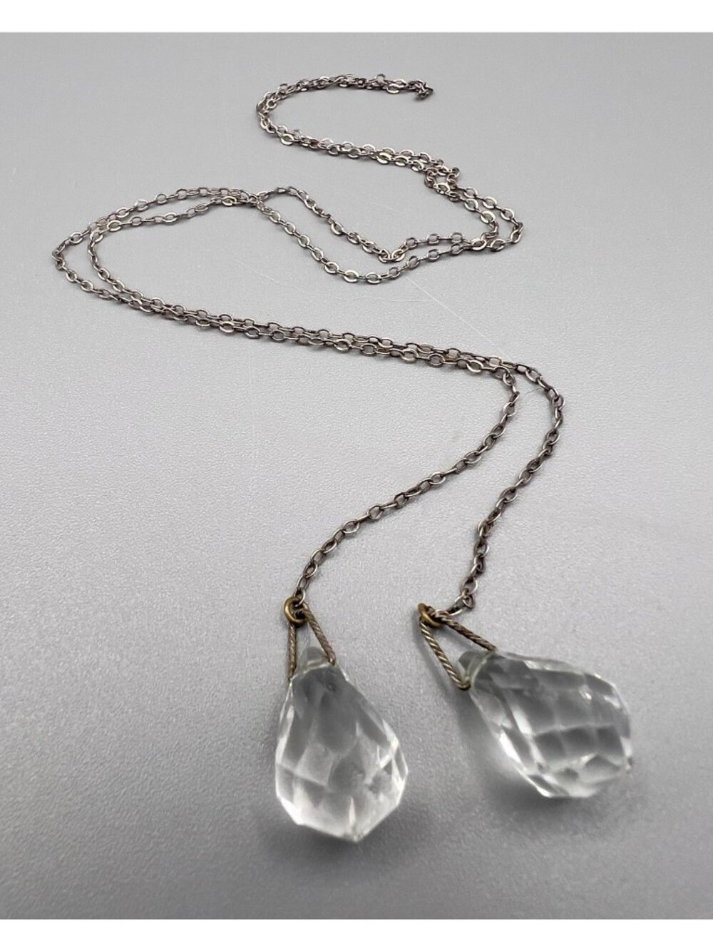 Antique Art Deco Rock Crystal Tear Drop Sterling Silver Lariat Necklace